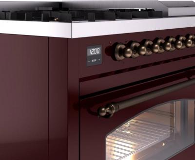 48" ILVE Nostalgie II Dual Fuel Natural Gas Freestanding Range in Burgundy with Bronze Trim - UP48FNMP/BUB NG