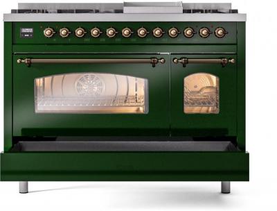 48" ILVE Nostalgie II Dual Fuel Natural Gas Freestanding Range in Emerald Green with Bronze Trim - UP48FNMP/EGB NG