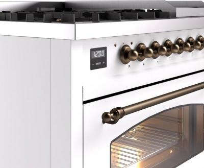 48" ILVE Nostalgie II Dual Fuel Natural Gas Freestanding Range in White with Bronze Trim - UP48FNMP/WHB NG