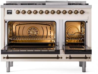 48" ILVE Nostalgie II Dual Fuel Natural Gas Freestanding Range in Antique White with Bronze Trim - UP48FNMP/AWB NG