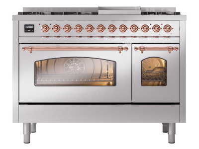 48" ILVE Nostalgie II Dual Fuel Liquid Propane Freestanding Range in Stainless Steel with Copper Trim - UP48FNMP/SSP LP