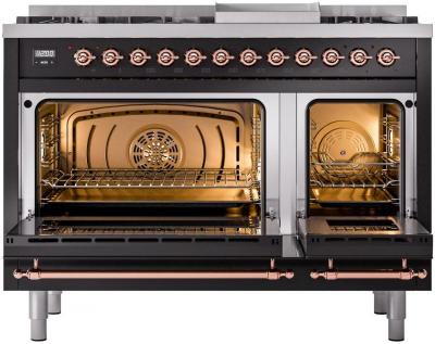 48" ILVE Nostalgie II Dual Fuel Liquid Propane Freestanding Range in Glossy Black with Copper Trim - UP48FNMP/BKP LP