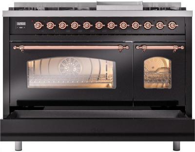 48" ILVE Nostalgie II Dual Fuel Liquid Propane Freestanding Range in Glossy Black with Copper Trim - UP48FNMP/BKP LP