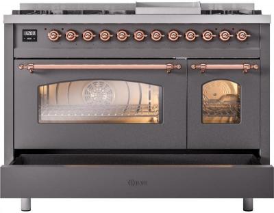 48" ILVE Nostalgie II Dual Fuel Liquid Propane Freestanding Range in Matte Graphite with Copper Trim - UP48FNMP/MGP LP