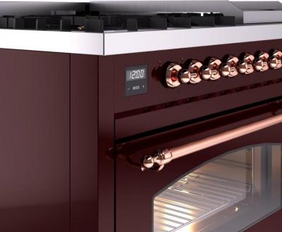 48" ILVE Nostalgie II Dual Fuel Liquid Propane Freestanding Range in Burgundy with Copper Trim - UP48FNMP/BUP LP