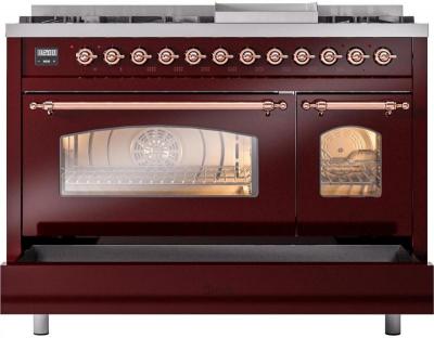 48" ILVE Nostalgie II Dual Fuel Liquid Propane Freestanding Range in Burgundy with Copper Trim - UP48FNMP/BUP LP