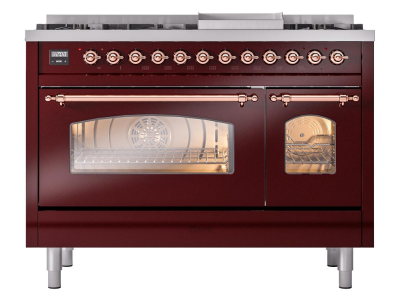 48" ILVE Nostalgie II Dual Fuel Liquid Propane Freestanding Range in Burgundy with Copper Trim - UP48FNMP/BUP LP