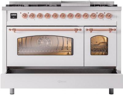 48" ILVE Nostalgie II Dual Fuel Liquid Propane Freestanding Range in White with Copper Trim - UP48FNMP/WHP LP