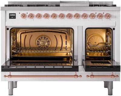 48" ILVE Nostalgie II Dual Fuel Liquid Propane Freestanding Range in White with Copper Trim - UP48FNMP/WHP LP