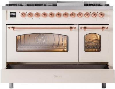 48" ILVE Nostalgie II Dual Fuel Liquid Propane Freestanding Range in Antique White with Copper Trim - UP48FNMP/AWP LP