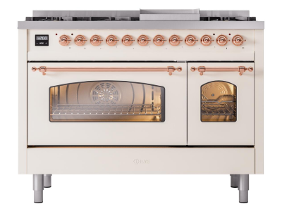 48" ILVE Nostalgie II Dual Fuel Liquid Propane Freestanding Range in Antique White with Copper Trim - UP48FNMP/AWP LP