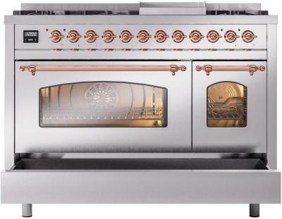 48" ILVE Nostalgie II Dual Fuel Natural Gas Freestanding Range in Stainless Steel with Copper Trim - UP48FNMP/SSP NG