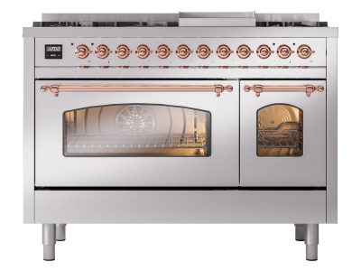 48" ILVE Nostalgie II Dual Fuel Natural Gas Freestanding Range in Stainless Steel with Copper Trim - UP48FNMP/SSP NG