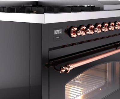 48" ILVE Nostalgie II Dual Fuel Natural Gas Freestanding Range in Glossy Black with Copper Trim - UP48FNMP/BKP NG