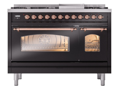 48" ILVE Nostalgie II Dual Fuel Natural Gas Freestanding Range in Glossy Black with Copper Trim - UP48FNMP/BKP NG