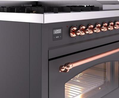 48" ILVE Nostalgie II Dual Fuel Natural Gas Freestanding Range in Matte Graphite with Copper Trim - UP48FNMP/MGP NG