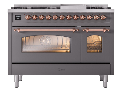 48" ILVE Nostalgie II Dual Fuel Natural Gas Freestanding Range in Matte Graphite with Copper Trim - UP48FNMP/MGP NG