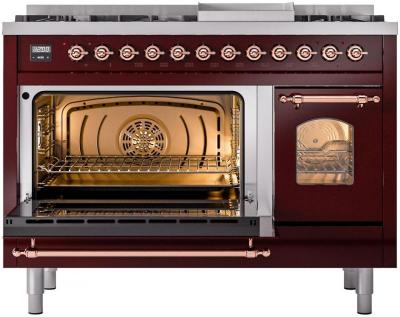 48" ILVE Nostalgie II Dual Fuel Natural Gas Freestanding Range in Burgundy with Copper Trim - UP48FNMP/BUP NG