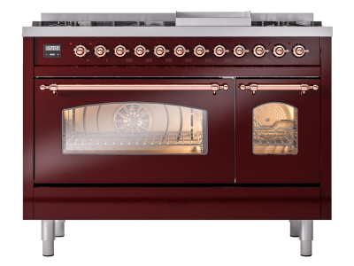 48" ILVE Nostalgie II Dual Fuel Natural Gas Freestanding Range in Burgundy with Copper Trim - UP48FNMP/BUP NG