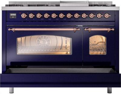 48" ILVE Nostalgie II Dual Fuel Natural Gas Freestanding Range in Blue with Copper Trim - UP48FNMP/MBP NG