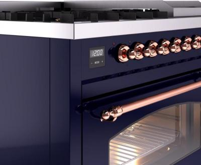 48" ILVE Nostalgie II Dual Fuel Natural Gas Freestanding Range in Blue with Copper Trim - UP48FNMP/MBP NG