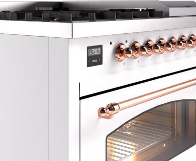 48" ILVE Nostalgie II Dual Fuel Natural Gas Freestanding Range in White with Copper Trim - UP48FNMP/WHP NG