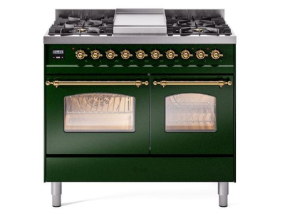 40" ILVE Nostalgie II Dual Fuel Liquid Propane Freestanding Range in Emerald Green with Brass Trim - UPD40FNMP/EGG LP