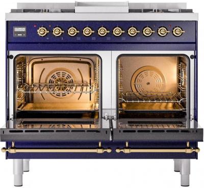 40" ILVE Nostalgie II Dual Fuel Liquid Propane Freestanding Range in Blue with Brass Trim - UPD40FNMP/MBG LP