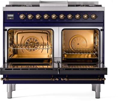 40" ILVE Nostalgie II Dual Fuel Liquid Propane Freestanding Range in Blue with Bronze Trim - UPD40FNMP/MBB LP