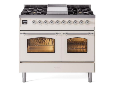 40" ILVE Nostalgie II Dual Fuel Liquid Propane Freestanding Range in Antique White with Chrome Trim - UPD40FNMP/AWC LP