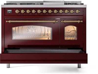 48" ILVE Nostalgie II Dual Fuel Natural Gas Freestanding Range in Burgundy with Brass Trim - UP48FNMP/BUG NG