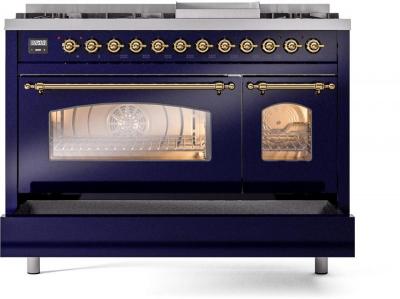 48" ILVE Nostalgie II Dual Fuel Natural Gas Freestanding Range in Blue with Brass Trim - UP48FNMP/MBG NG