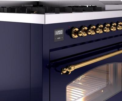 48" ILVE Nostalgie II Dual Fuel Natural Gas Freestanding Range in Blue with Brass Trim - UP48FNMP/MBG NG