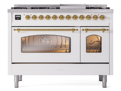 48" ILVE Nostalgie II Dual Fuel Natural Gas Freestanding Range in White with Brass Trim - UP48FNMP/WHG NG