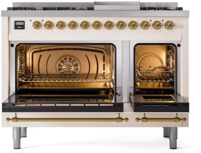 48" ILVE Nostalgie II Dual Fuel Natural Gas Freestanding Range in Antique White with Brass Trim - UP48FNMP/AWG NG