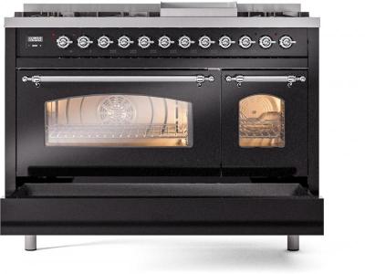 48" ILVE Nostalgie II Dual Fuel Liquid Propane Freestanding Range in Glossy Black with Chrome Trim - UP48FNMP/BKC LP