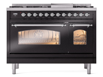 48" ILVE Nostalgie II Dual Fuel Liquid Propane Freestanding Range in Glossy Black with Chrome Trim - UP48FNMP/BKC LP