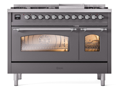 48" ILVE Nostalgie II Dual Fuel Liquid Propane Freestanding Range in Matte Graphite with Chrome Trim - UP48FNMP/MGC LP