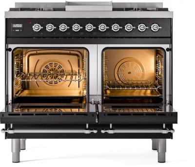 40" ILVE Nostalgie II Dual Fuel Natural Gas Freestanding Range in Glossy Black with Chrome Trim - UPD40FNMP/BKC NG