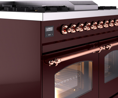 40" ILVE Nostalgie II Dual Fuel Natural Gas Freestanding Range in Burgundy with Copper Trim - UPD40FNMP/BUP NG