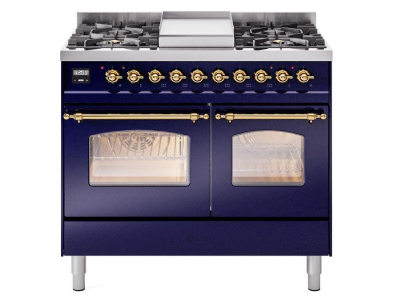 40" ILVE Nostalgie II Dual Fuel Natural Gas Freestanding Range in Blue with Brass Trim - UPD40FNMP/MBG NG