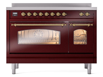 48" ILVE Nostalgie II Electric Freestanding Range in Burgundy with Brass Trim - UPI486NMP/BUG