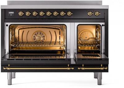 48" ILVE Nostalgie II Electric Freestanding Range in Glossy Black with Brass Trim - UPI486NMP/BKG