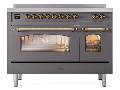 48" ILVE Nostalgie II Electric Freestanding Range in Matte Graphite with Brass Trim - UPI486NMP/MGG