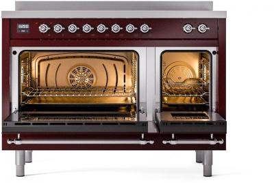 48" ILVE Nostalgie II Electric Freestanding Range in Burgundy with Chrome Trim - UPI486NMP/BUC