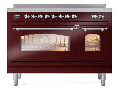 48" ILVE Nostalgie II Electric Freestanding Range in Burgundy with Chrome Trim - UPI486NMP/BUC