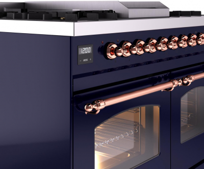 40" ILVE Nostalgie II Dual Fuel Natural Gas Freestanding Range in Blue with Copper Trim - UPD40FNMP/MBP NG