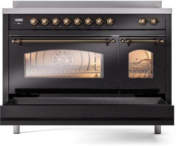 48" ILVE Nostalgie II Electric Freestanding Range in Glossy Black with Bronze Trim - UPI486NMP/BKB