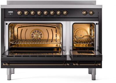 48" ILVE Nostalgie II Electric Freestanding Range in Glossy Black with Bronze Trim - UPI486NMP/BKB