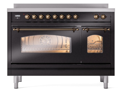 48" ILVE Nostalgie II Electric Freestanding Range in Glossy Black with Bronze Trim - UPI486NMP/BKB